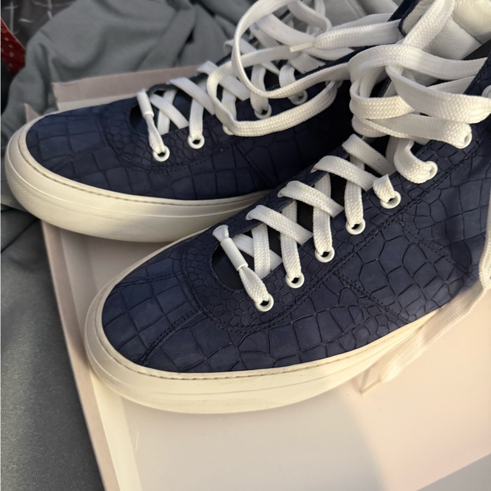 Jimmy Choo Navy Blue Croc-Embossed Sneakers with White Accents - Picture 5 of 8